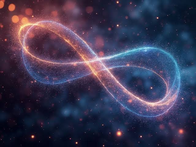宇宙背景下由蓝橙色光点构成的无限符号